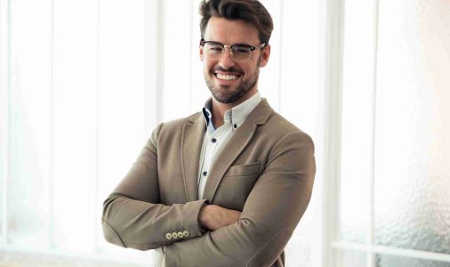 Handsome young business man looking at camera while standing in the office. Handsome young business man looking at camera while standing in the office.